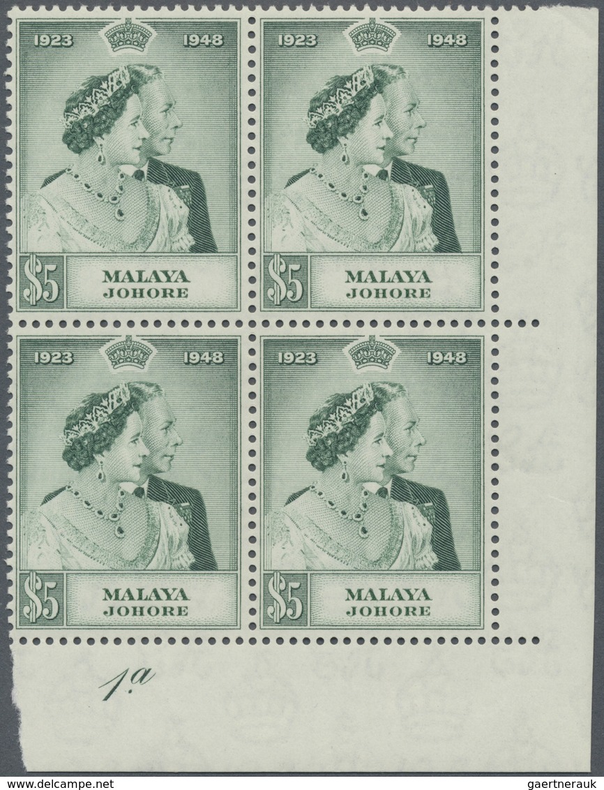 ** Malaiische Staaten - Johor: 1948, Royal Silver Wedding Both Values In Blocks Of Four From Lower Righ - Johore