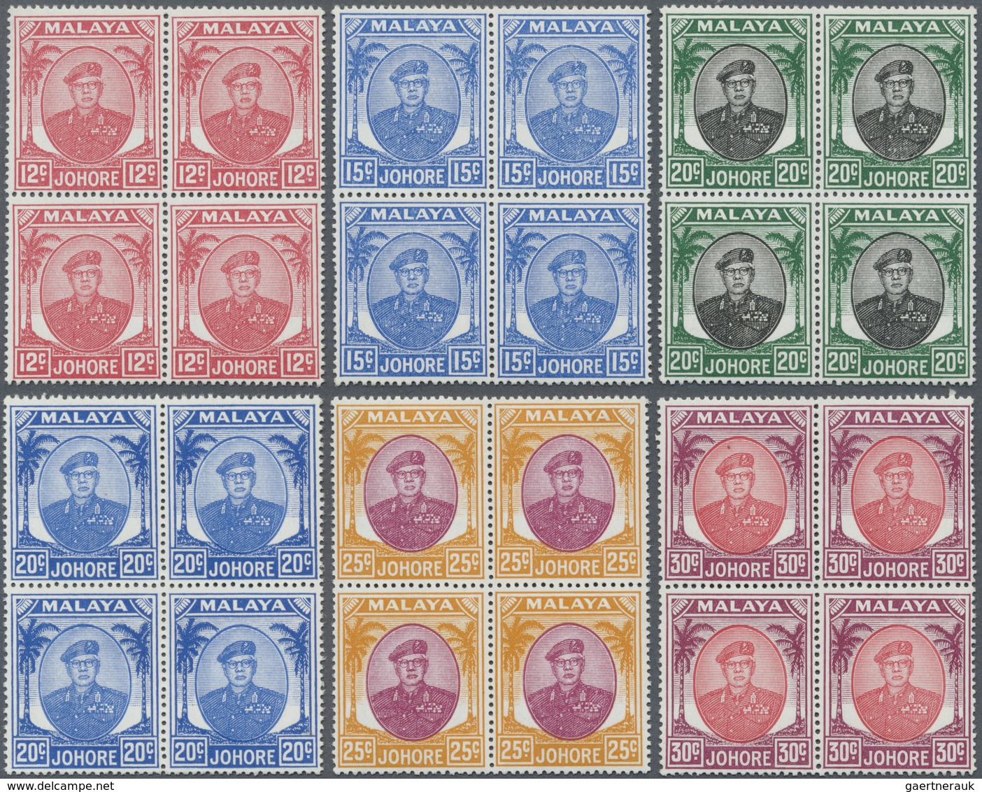 ** Malaiische Staaten - Johor: 1949/1955, Sultan Sir Ibrahim Definitives Complete Set In Blocks Of Four - Johore