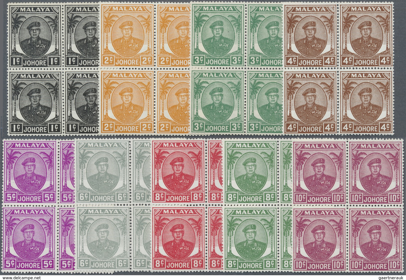 ** Malaiische Staaten - Johor: 1949/1955, Sultan Sir Ibrahim Definitives Complete Set In Blocks Of Four - Johore