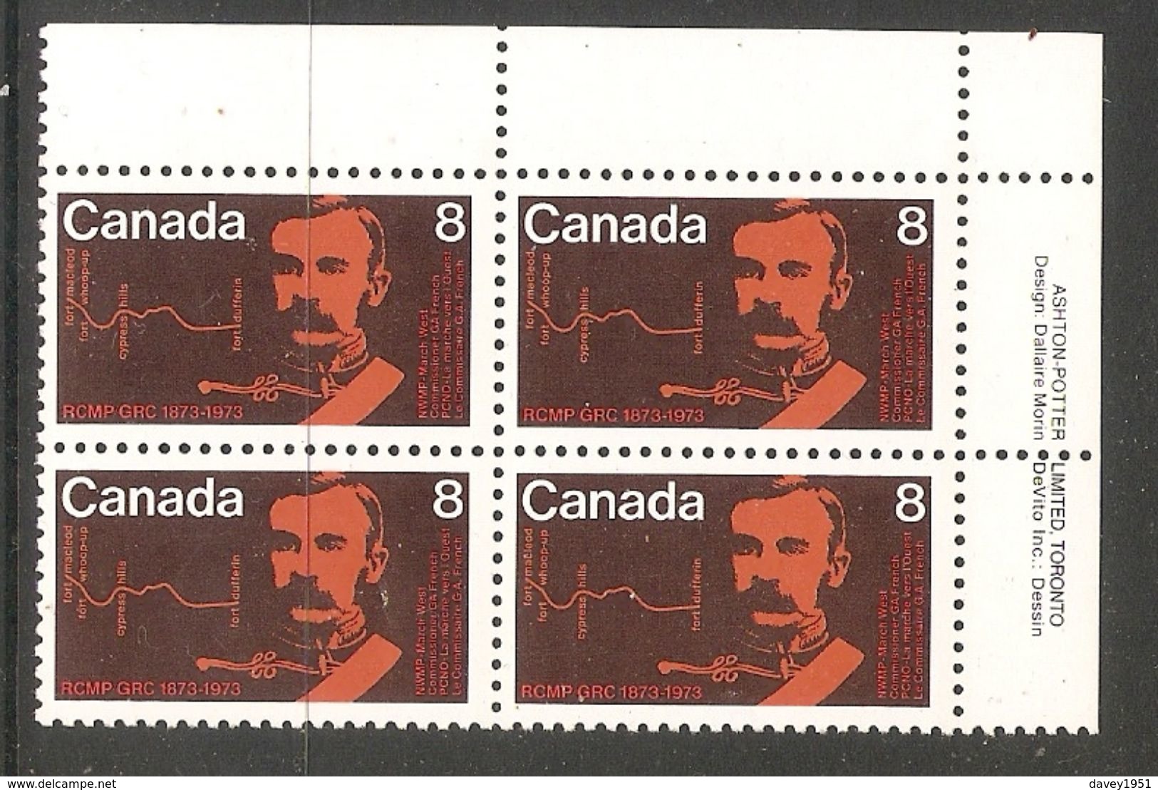 006341 Canada 1973 RCMP 8c Plate Block UR MNH - Plate Number & Inscriptions