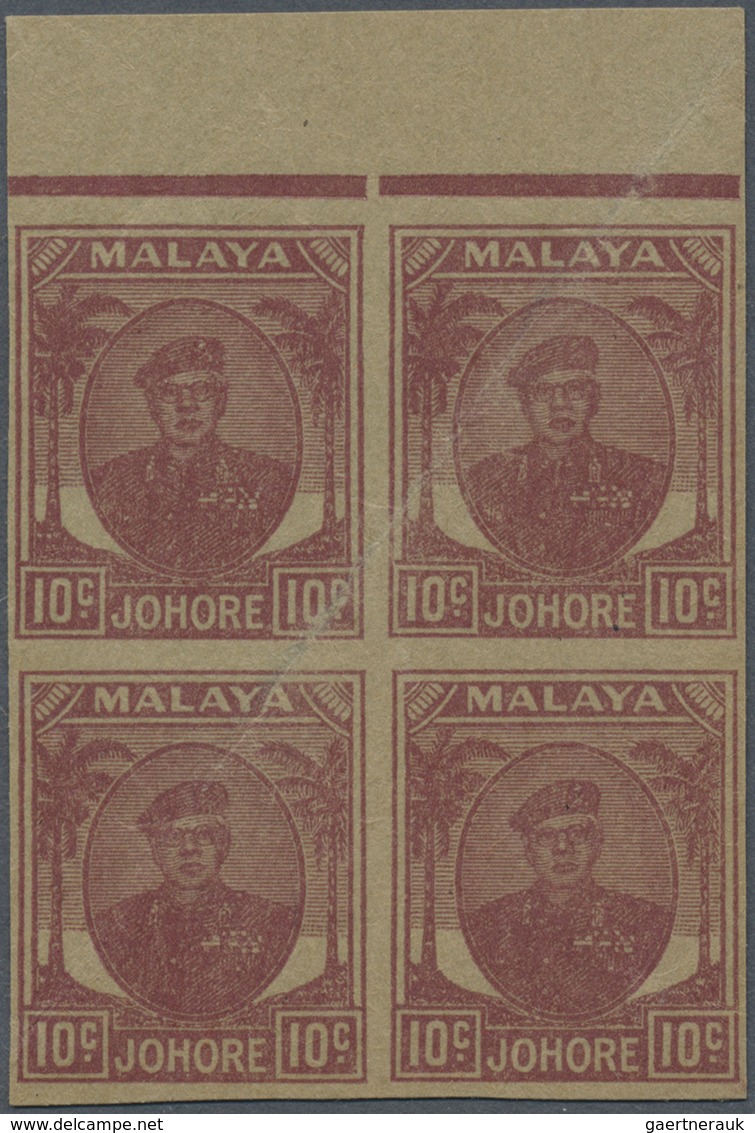 (*) Malaiische Staaten - Johor: 1949, Sultan Sir Ibrahim 10c. Purple Imperforate PLATE PROOF Block Of Fo - Johore