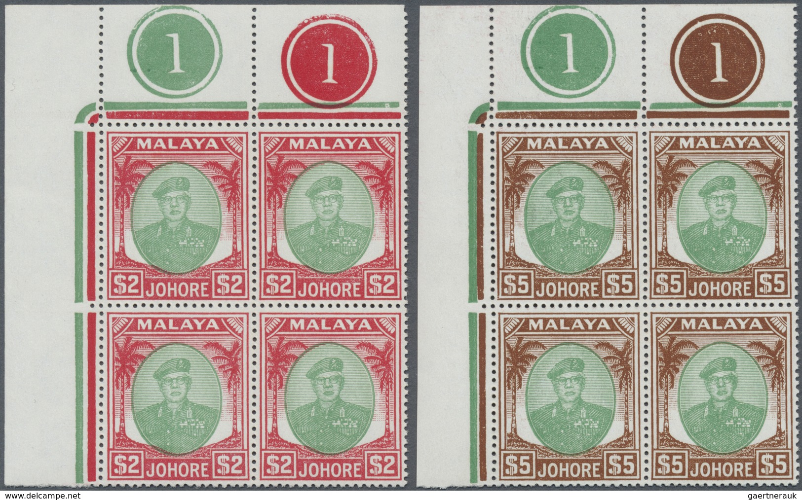 ** Malaiische Staaten - Johor: 1949, Sultan Sir Ibrahim $2 Green/scarlet And $5 Green/brown Both In Blo - Johore