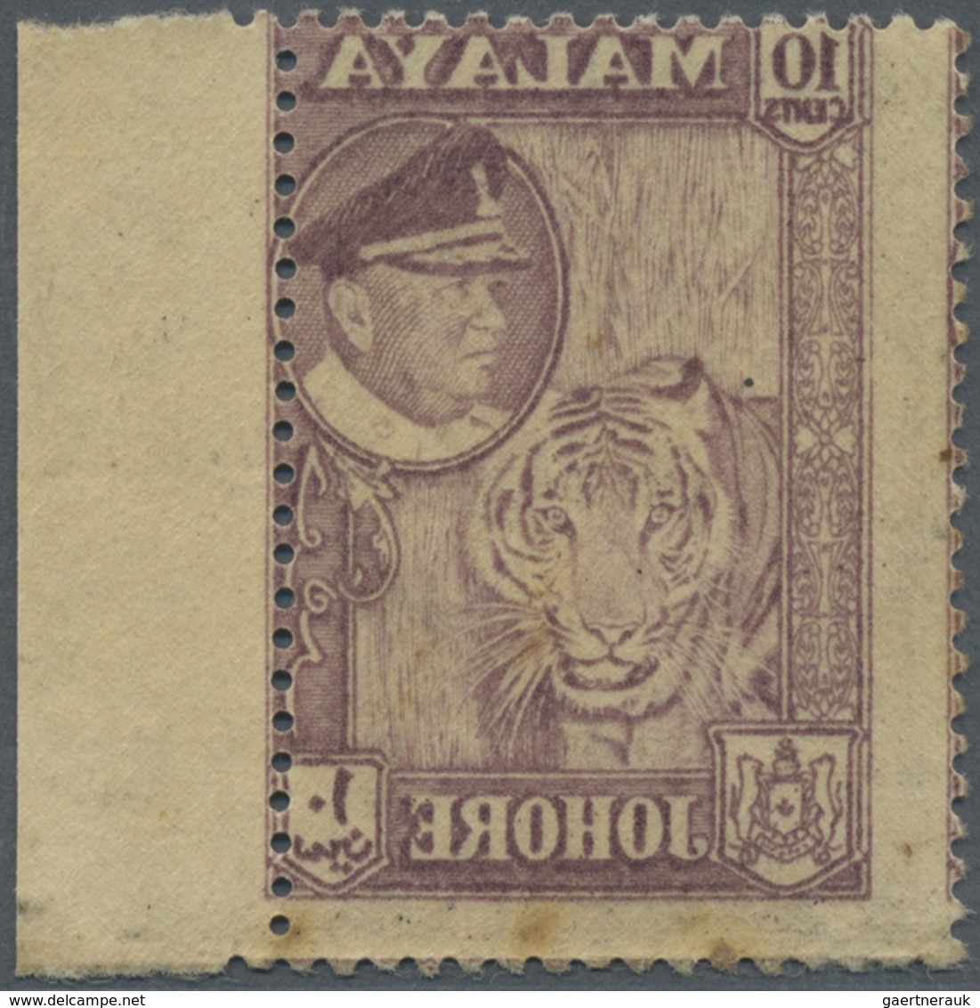 ** Malaiische Staaten - Johor: 1960, Sultan Ismail Pictorial Definitive 10c. Deep Maroon 'Tiger' From R - Johore