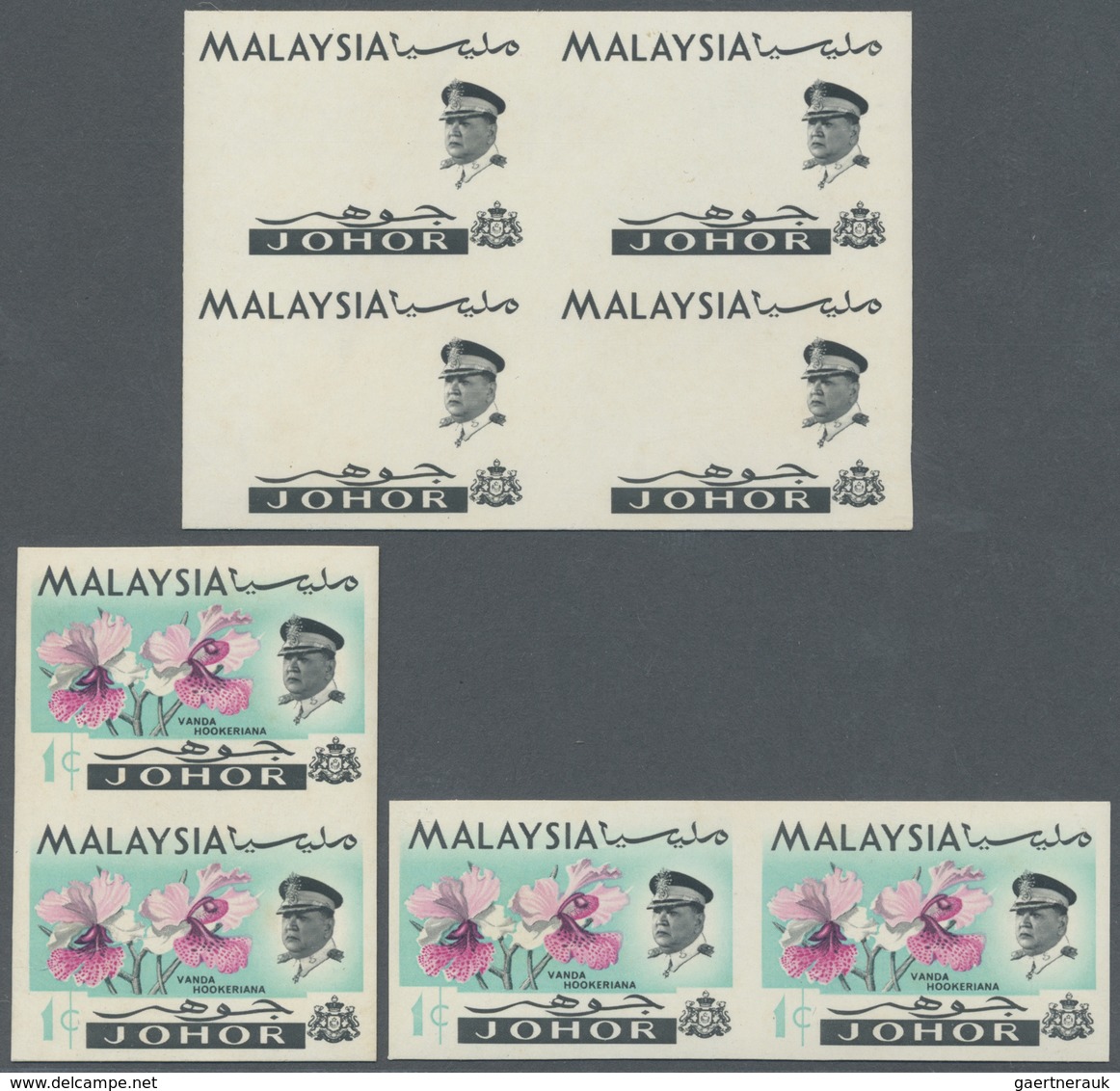 ** Malaiische Staaten - Johor: 1965, Orchids Imperforate PROOF Block Of Four With Black Printing Only A - Johore