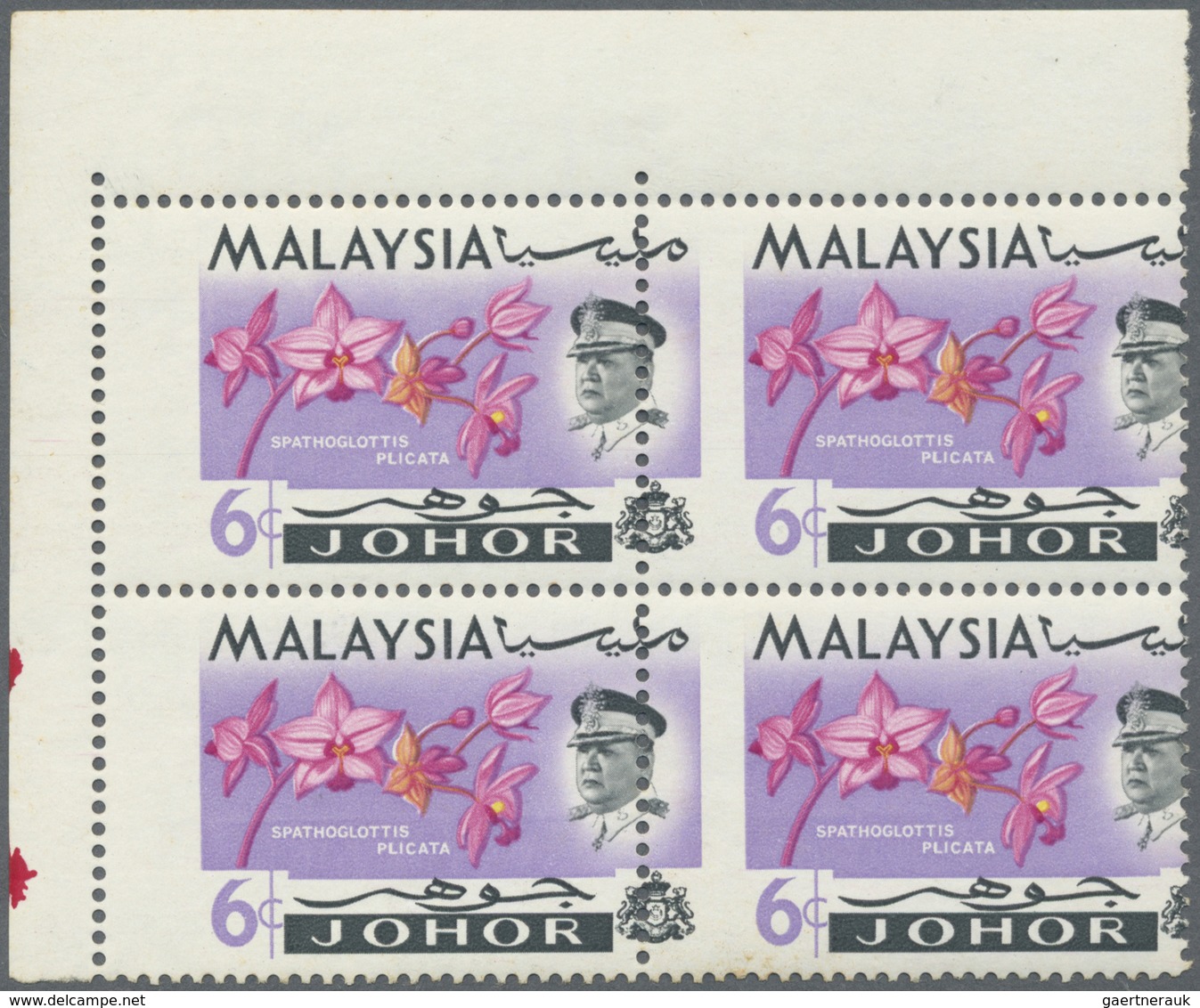 ** Malaiische Staaten - Johor: 1965, Orchids 6c. 'Spathoglottis Plicata' Block Of Four From Upper Left - Johore