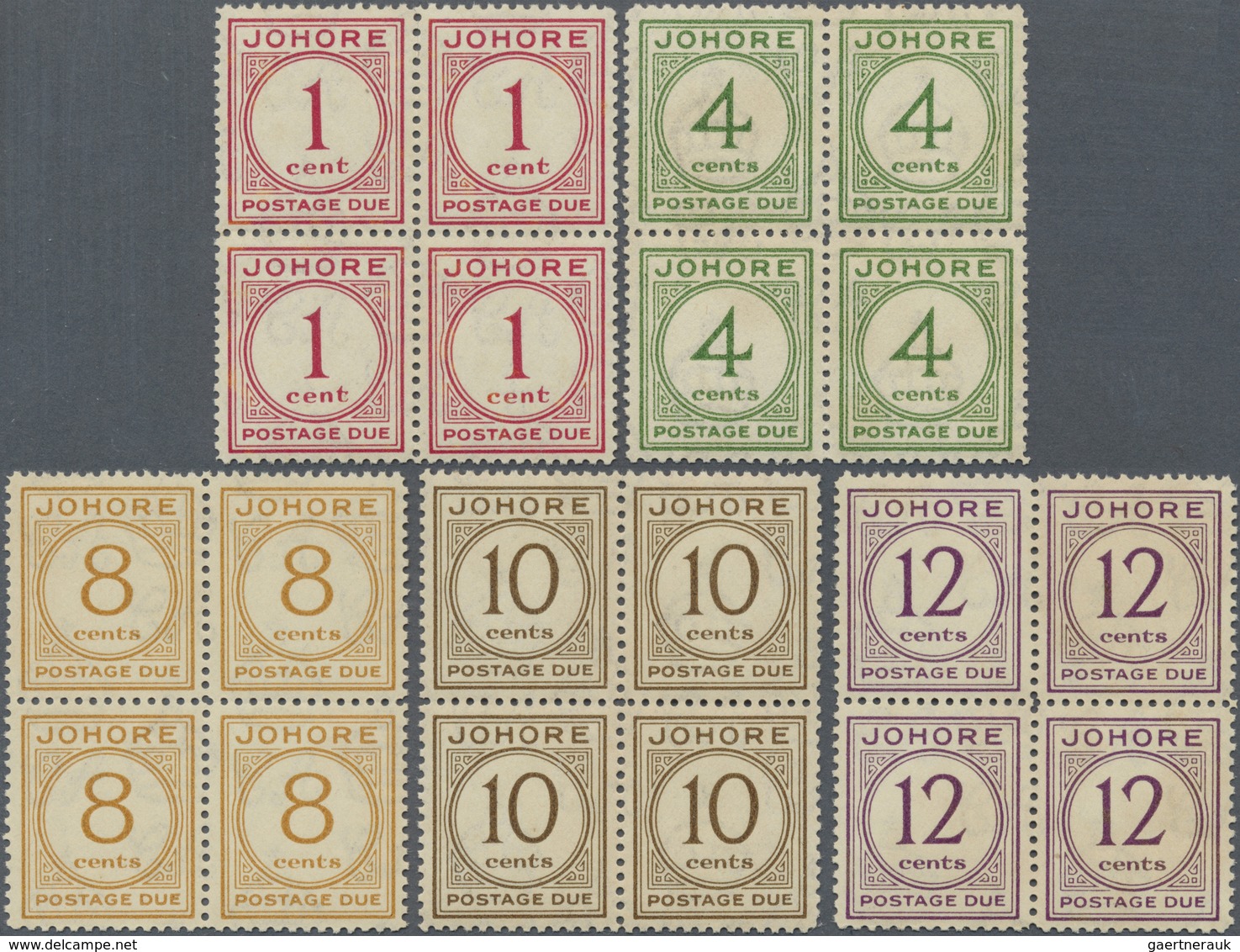 **/* Malaiische Staaten - Johor-Portomarken: 1938, Postage Dues Complete Set In BLOCKS OF FOUR, Mint Neve - Johore