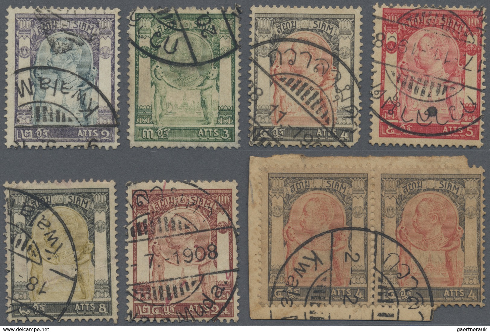 O/Brfst Malaiische Staaten - Kedah: 1905-09 Siam 'Temple Of Light' Eight Stamps Used In KUALA MUDA And Cance - Kedah