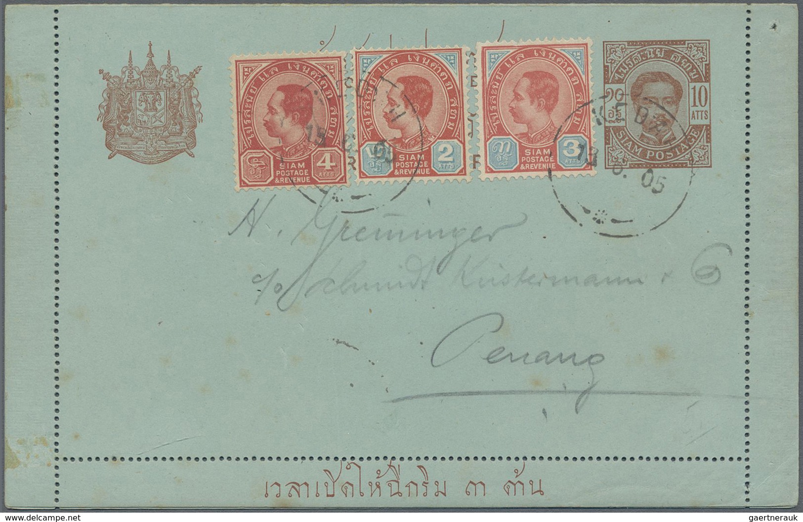 GA/O Malaiische Staaten - Kedah: 1899-1904 Siam Postal Stationery Letter Card 10a. Brown On Light Blue Us - Kedah