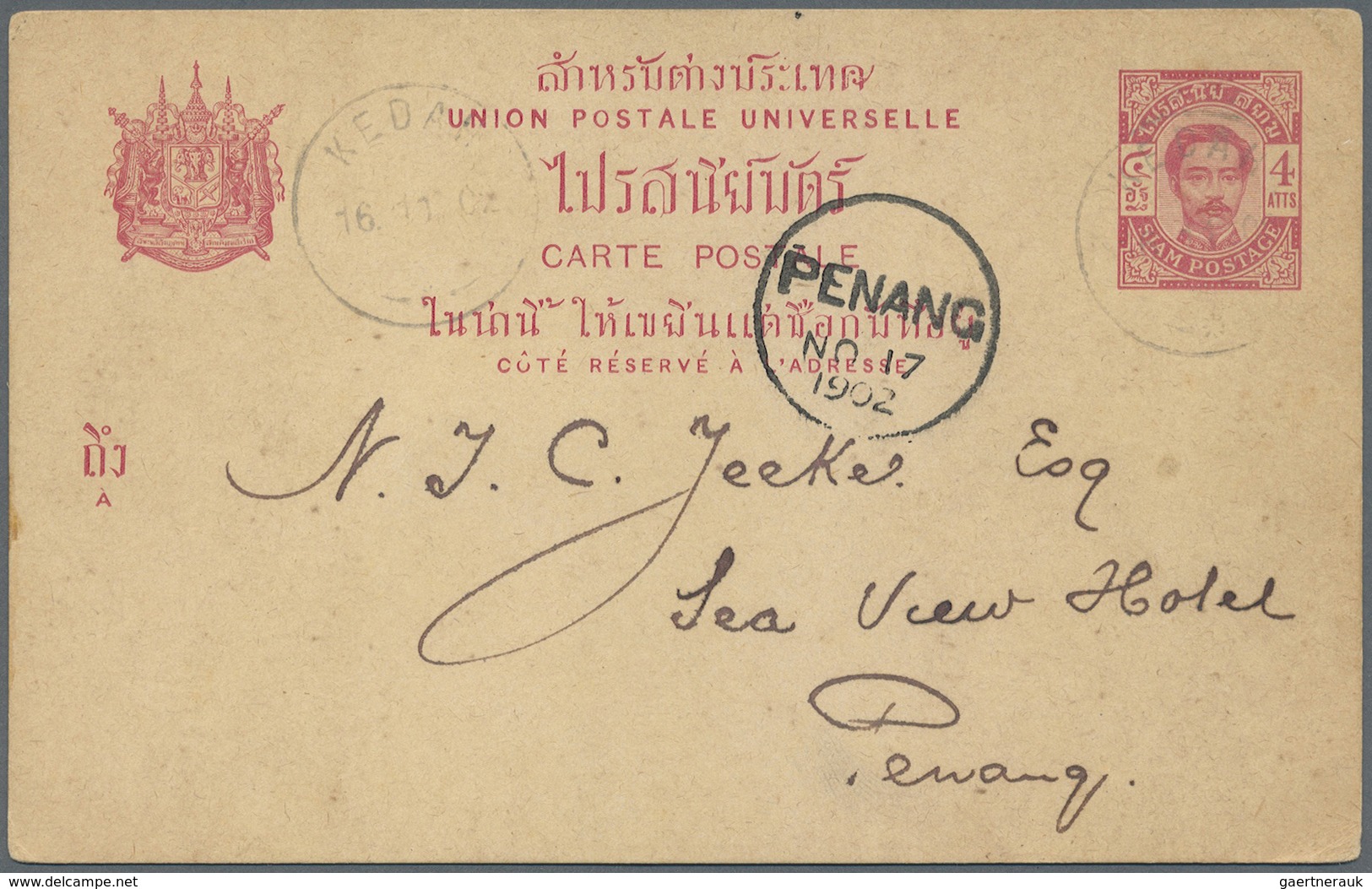 GA Malaiische Staaten - Kedah: "KEDAH 16.11.02", Two Strikes On Postal Stationery Card 4 A. Without Tex - Kedah