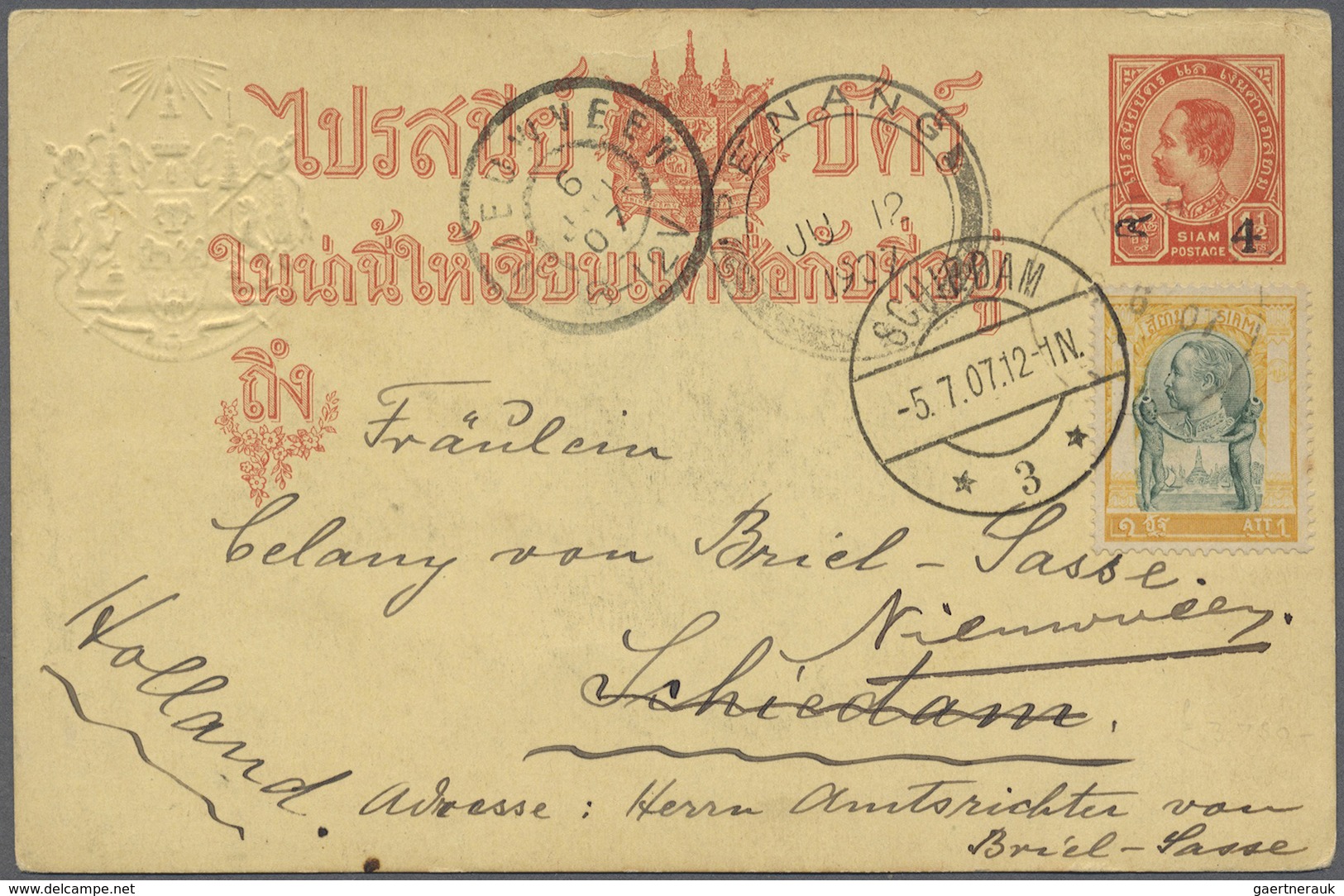 GA Malaiische Staaten - Kedah: 1912. Thailand Postal Stationery Card 4a On 1½ A Carmine Upgraded With S - Kedah