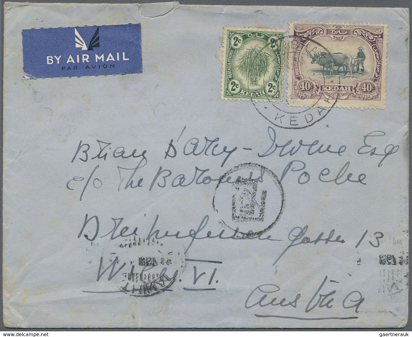 Br Malaiische Staaten - Kedah: 1937, 2 C Dull Green And 40 C Black/purple, Mixed Franking On Airmail Co - Kedah