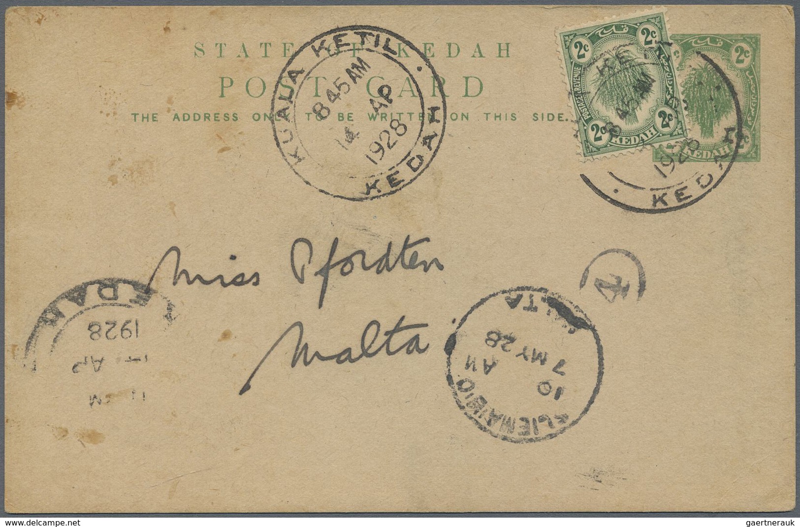 GA Malaiische Staaten - Kedah: 1928, 2 C Green Postal Stationery Card, Uprated With 2 C Green From KUAL - Kedah