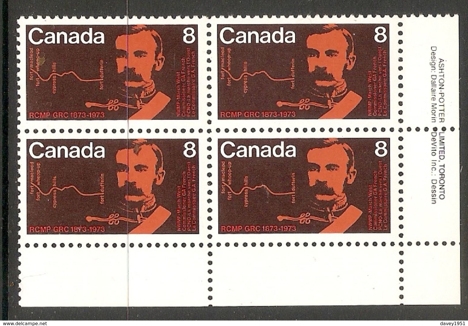 006342 Canada 1973 RCMP 8c Plate Block LR MNH - Plate Number & Inscriptions