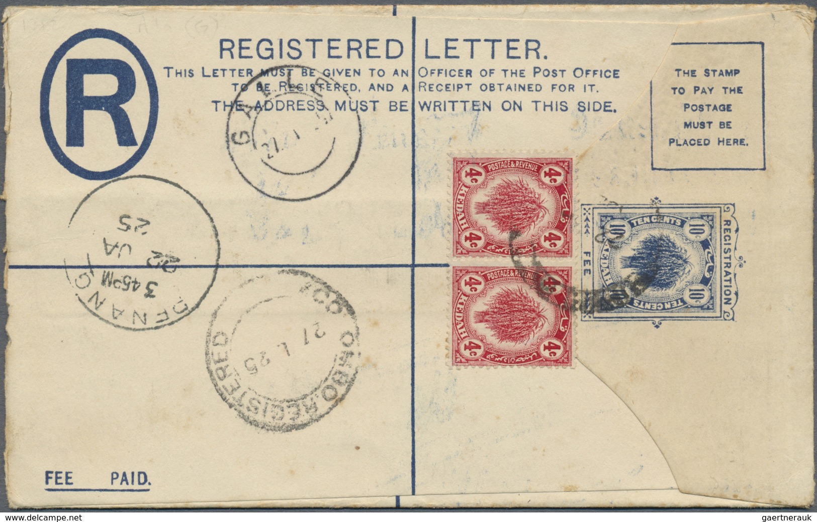 GA Malaiische Staaten - Kedah: 1925, 10 C Blue Registered Pse Uprated With Horizontal Pair Of 4 C Carmi - Kedah