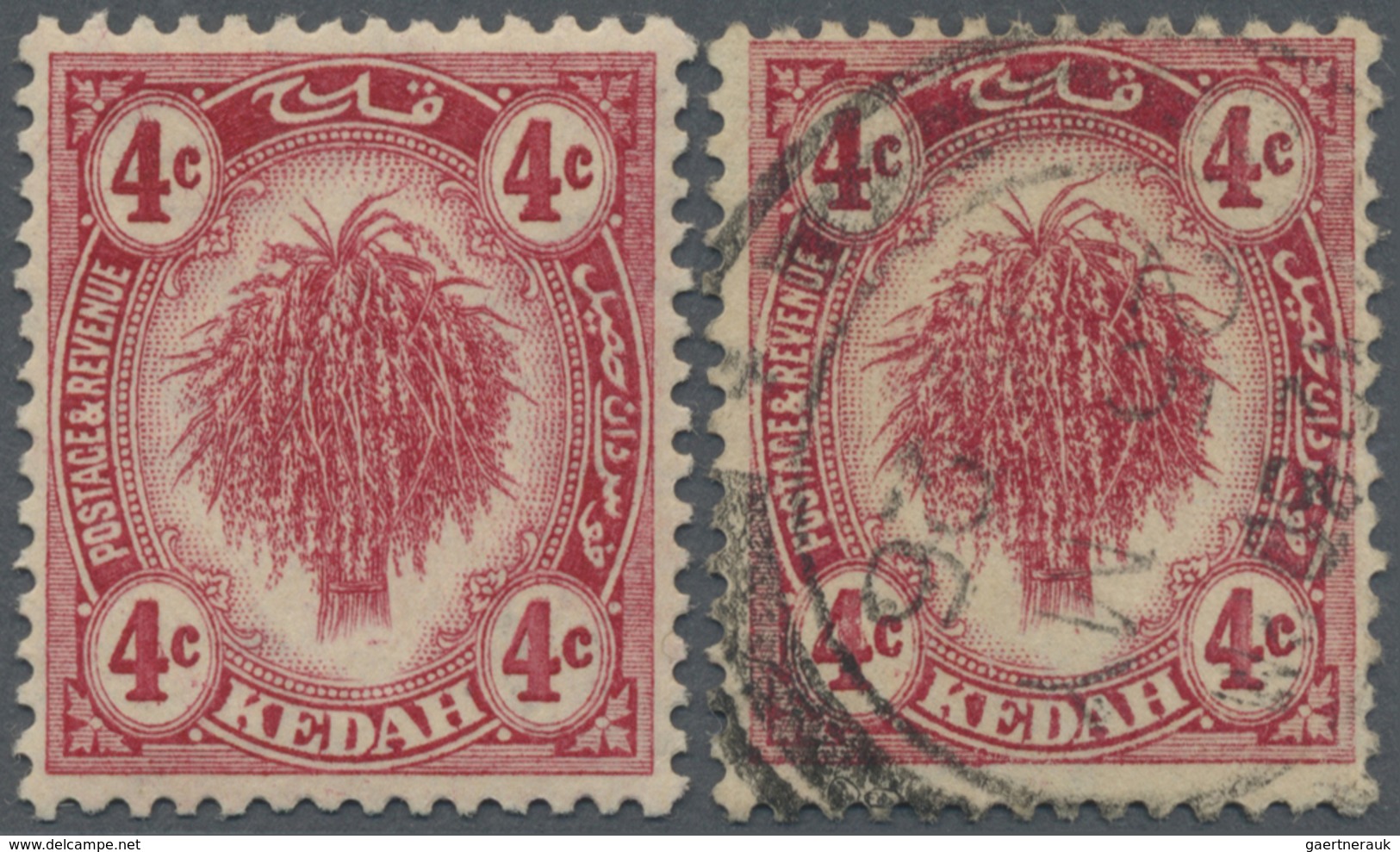 */O Malaiische Staaten - Kedah: 1921, 'Sheaf Of Rice' 4c. Deep Carmine With Variety 'SHORT SHEAF', Mint - Kedah