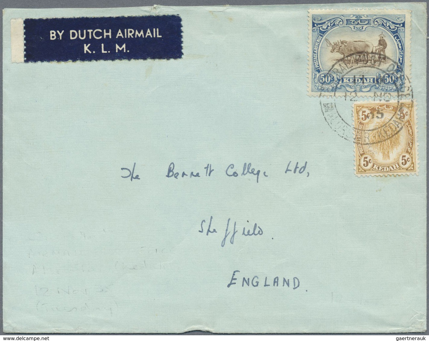 Br Malaiische Staaten - Kedah: 1935, 5 C Yellow And 50 C Brown/grey-blue, Mixed Franking On Airmail Cov - Kedah