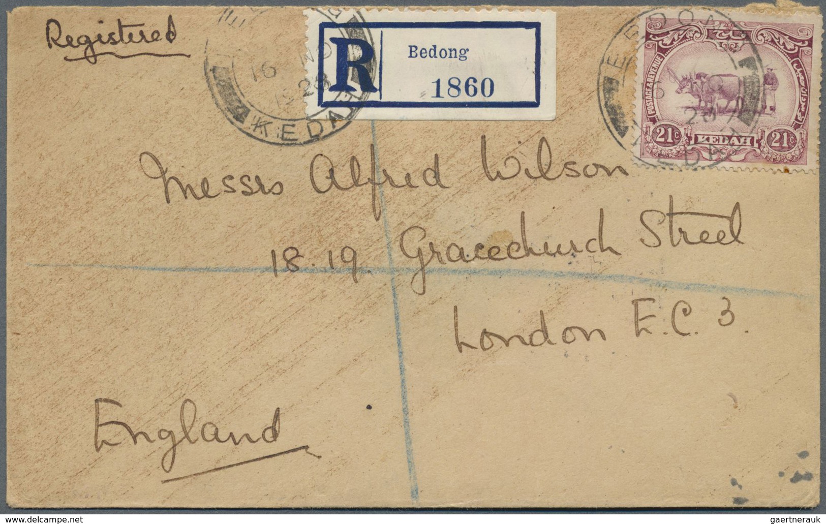 Br Malaiische Staaten - Kedah: 1928, 21 C. Tied "BEDONG KEDAH 16 NO 28" Ro Registered Cover To London, - Kedah