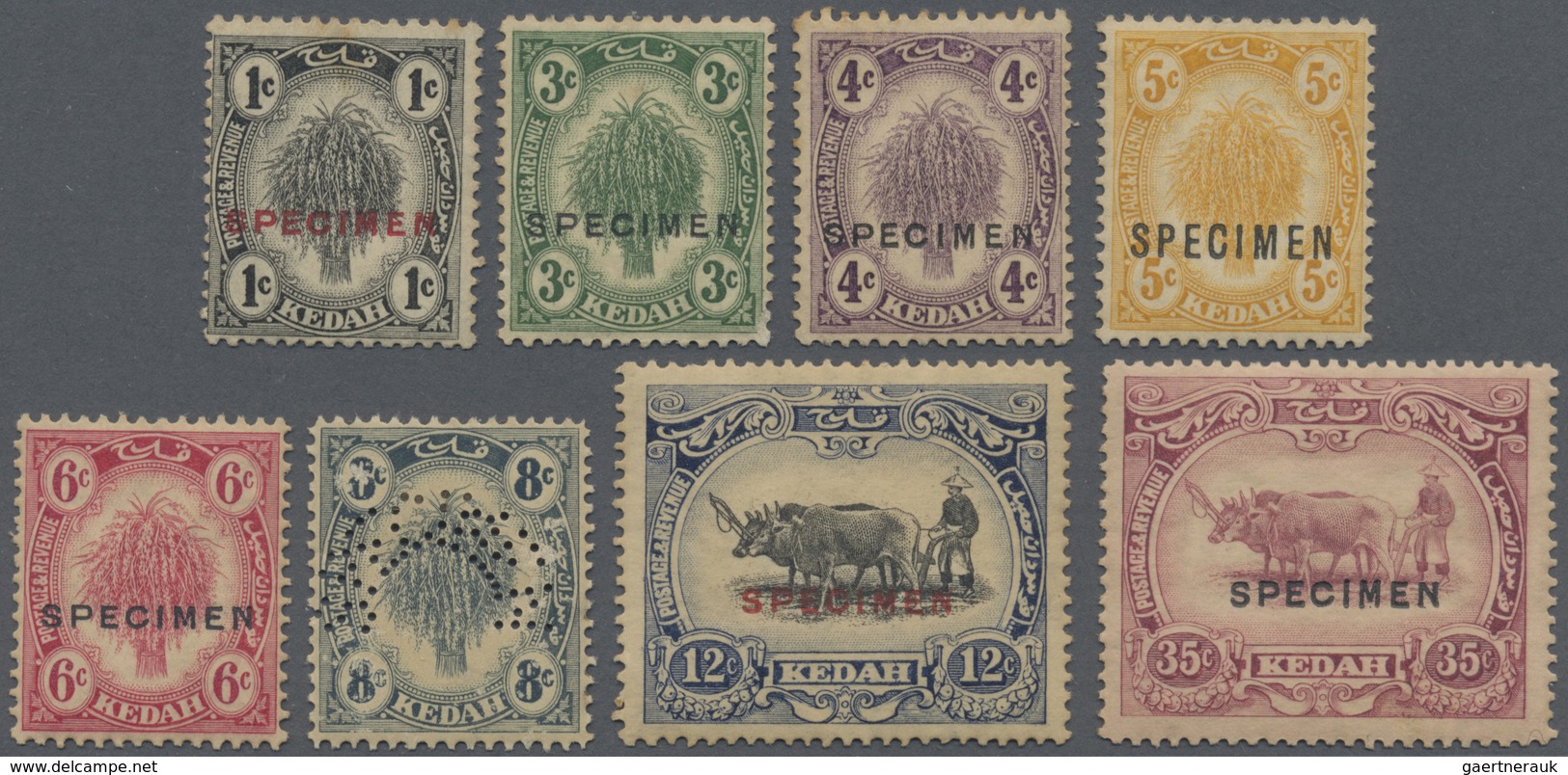 Malaiische Staaten - Kedah: 1922-40 New Colours Complete Set Of Eight Perforated (8c.) Or Optd. "SPE - Kedah