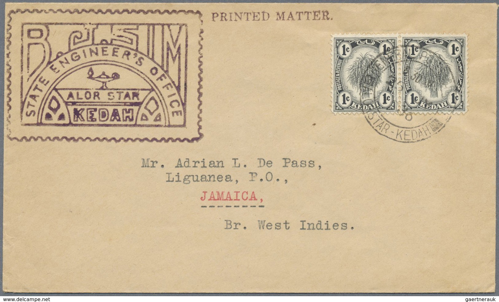 Br Malaiische Staaten - Kedah: 1936 Printed 'State Engineer's Office' Envelope Used As Printed Matter F - Kedah