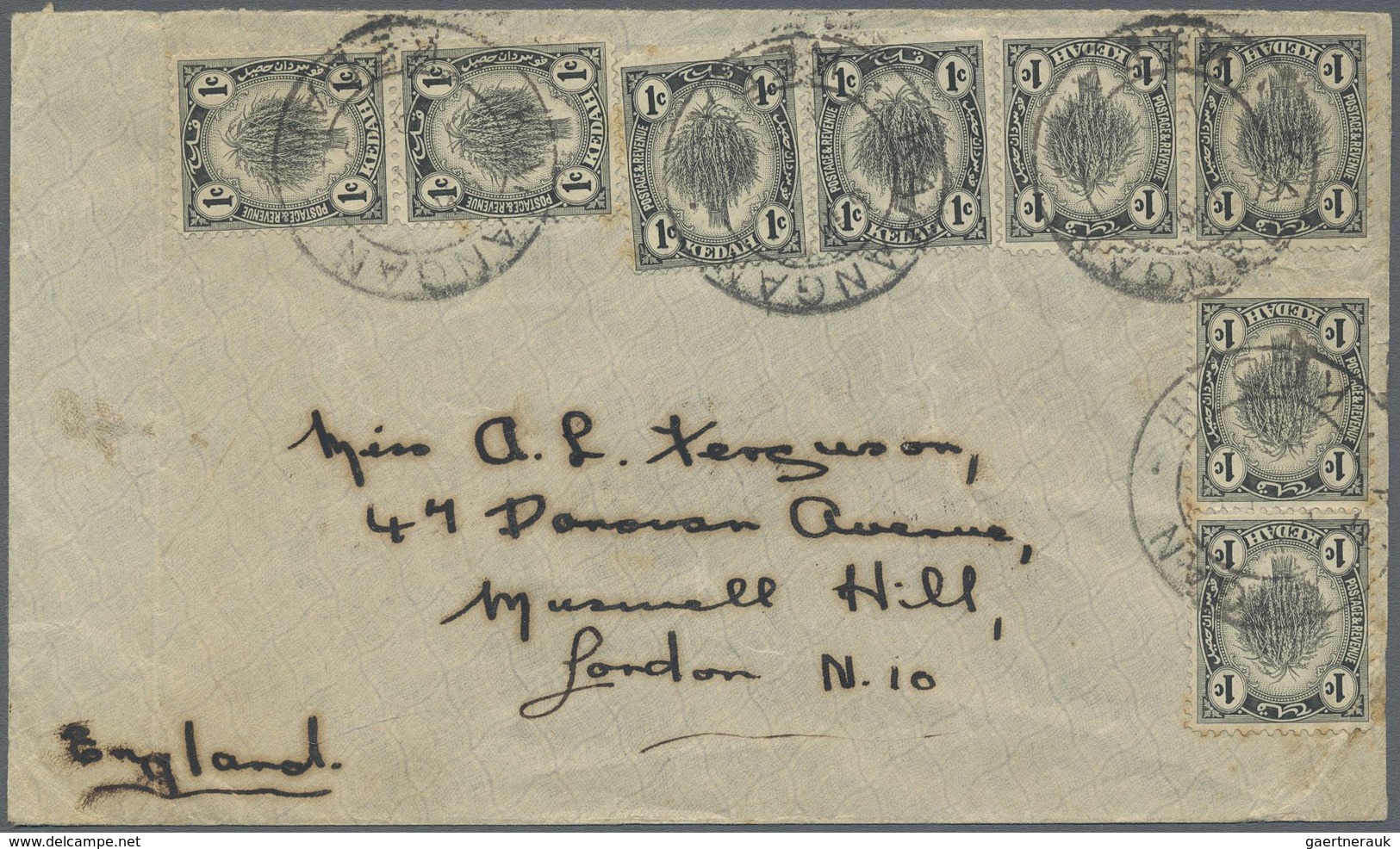 Br Malaiische Staaten - Kedah: 1933, 8 X 1 C Black, Multiple Mass Franking On Cover From KARANGAN, 7.FE - Kedah