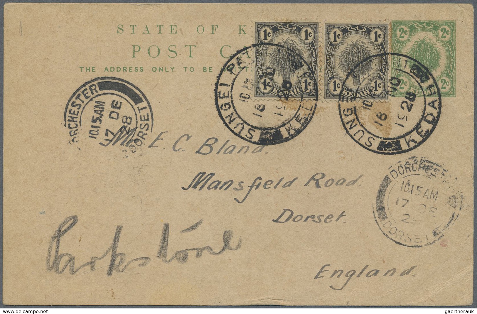 GA Malaiische Staaten - Kedah: 1928, 2 C Green Postal Stationery Card, Uprated With 2 X 1 C Black From - Kedah