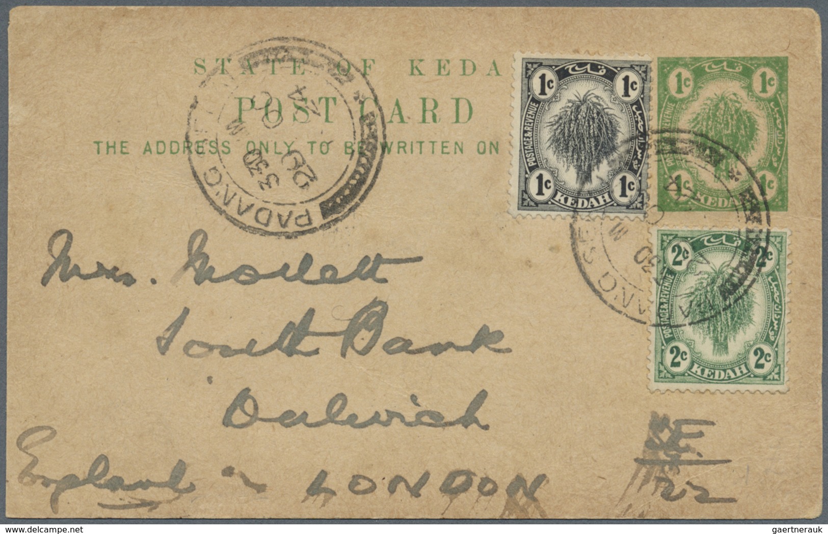 GA Malaiische Staaten - Kedah: Padang Serai: 1924 (20/10) 1c Stationery Card To London, Uprated With 19 - Kedah