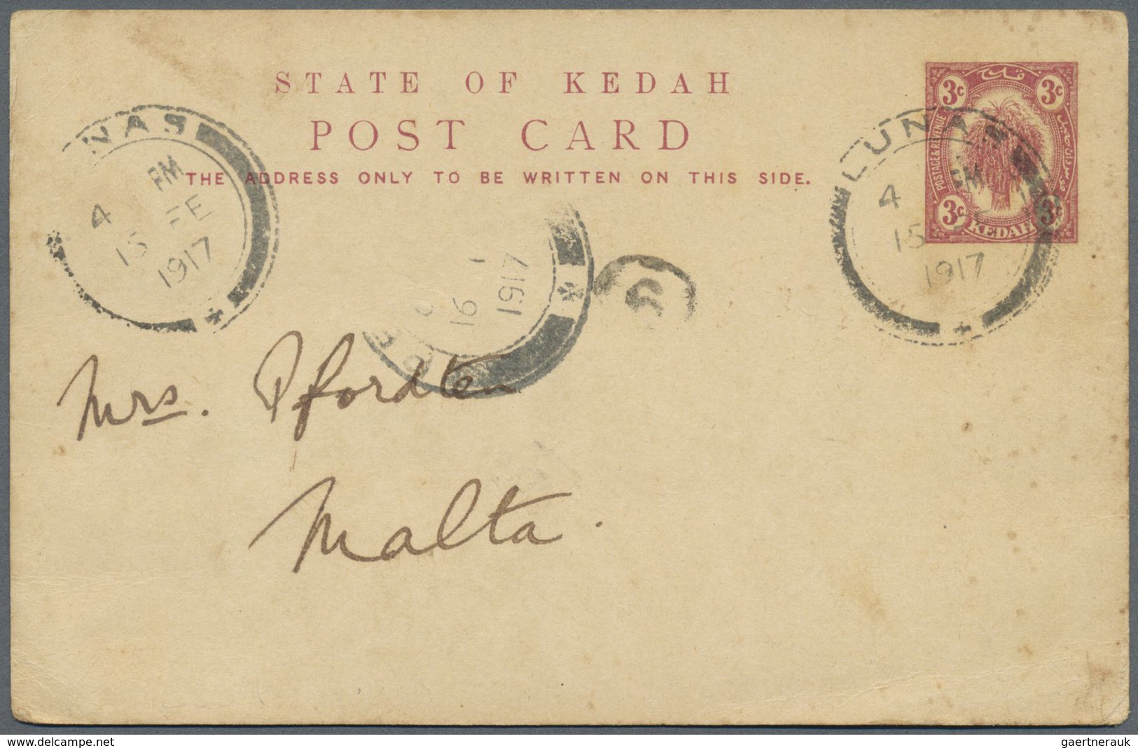 GA Malaiische Staaten - Kedah: 1917/28, Two Stationery Cards To Malta Island: 3 C. Tied "LUNAS 15 FE 19 - Kedah