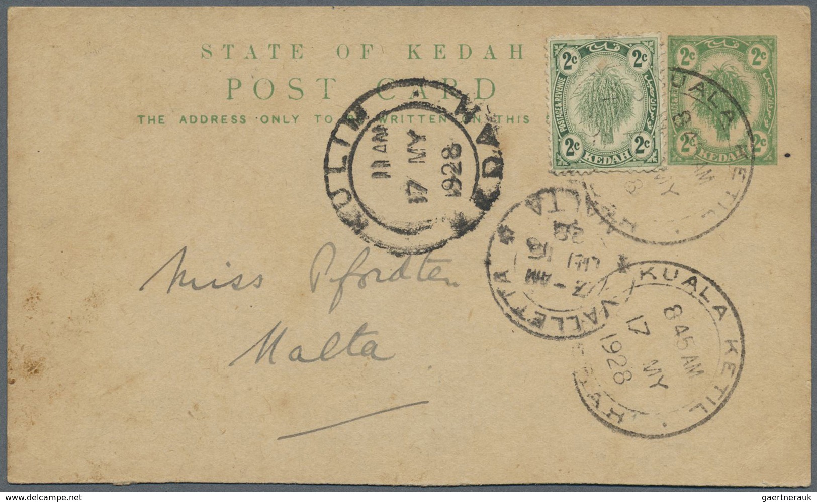 GA Malaiische Staaten - Kedah: 1917/28, Two Stationery Cards To Malta Island: 3 C. Tied "LUNAS 15 FE 19 - Kedah