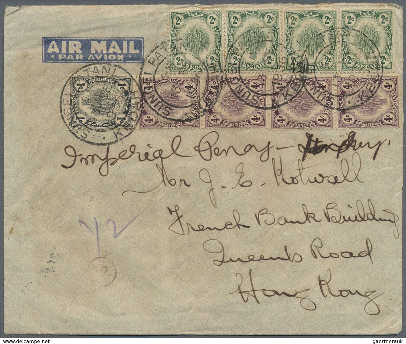 /Brfst Malaiische Staaten - Kedah: 1936, Sungei Patani Foreign Air Mail : 1 C., 2 C. (strip-4), 4 C. (strip - Kedah