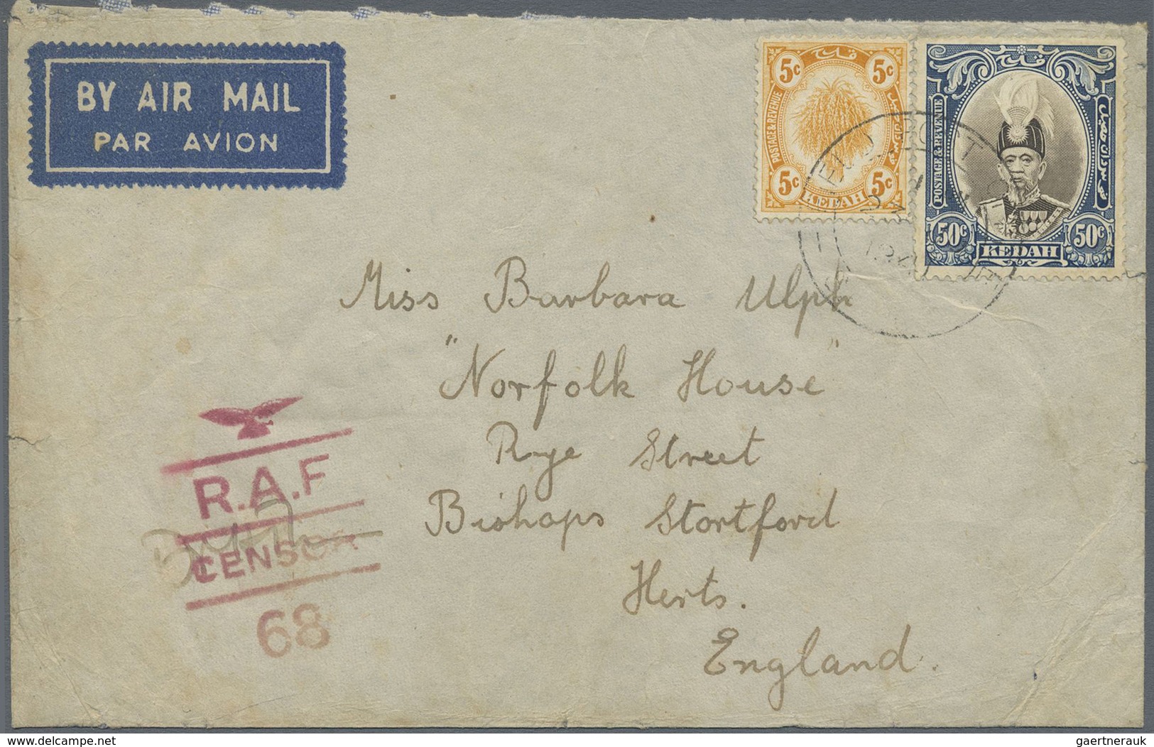 Br Malaiische Staaten - Kedah: 1941, 5 C Yellow And 50 C Brown/blue, Mixed Franking On Airmail Cover Fr - Kedah