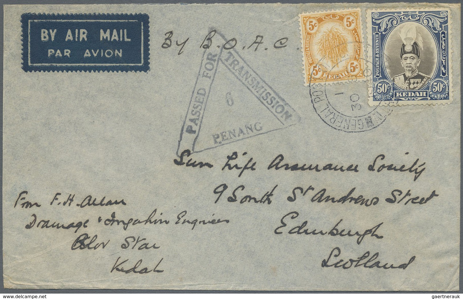 Br Malaiische Staaten - Kedah: 1940, 5 C Yellow And 50 C Brown/blue, Mixed Franking On Airmail Cover Fr - Kedah