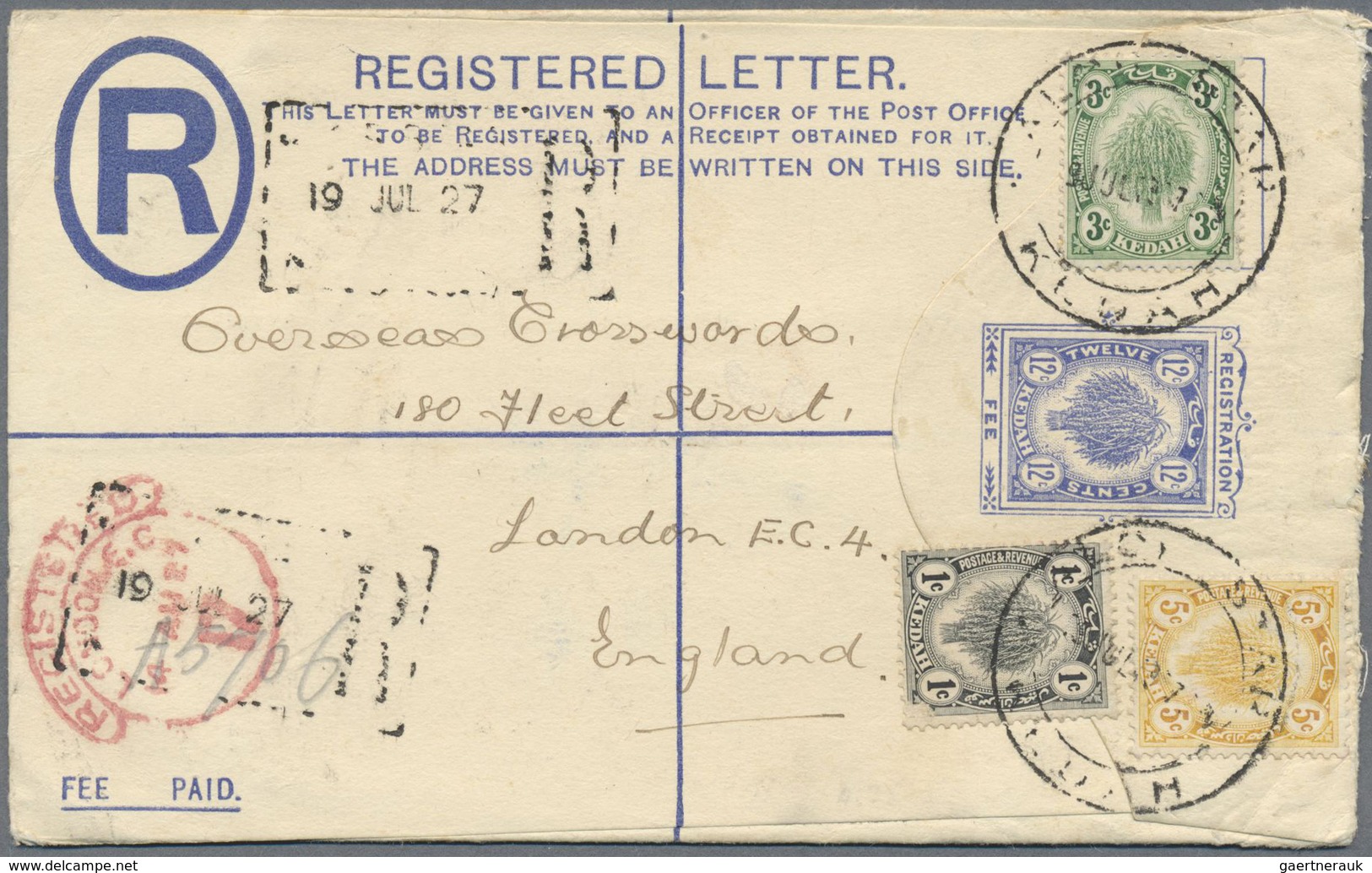 GA Malaiische Staaten - Kedah: 1925 Postal Stationery Registered Envelope 12c. Blue Used From Alor Star - Kedah