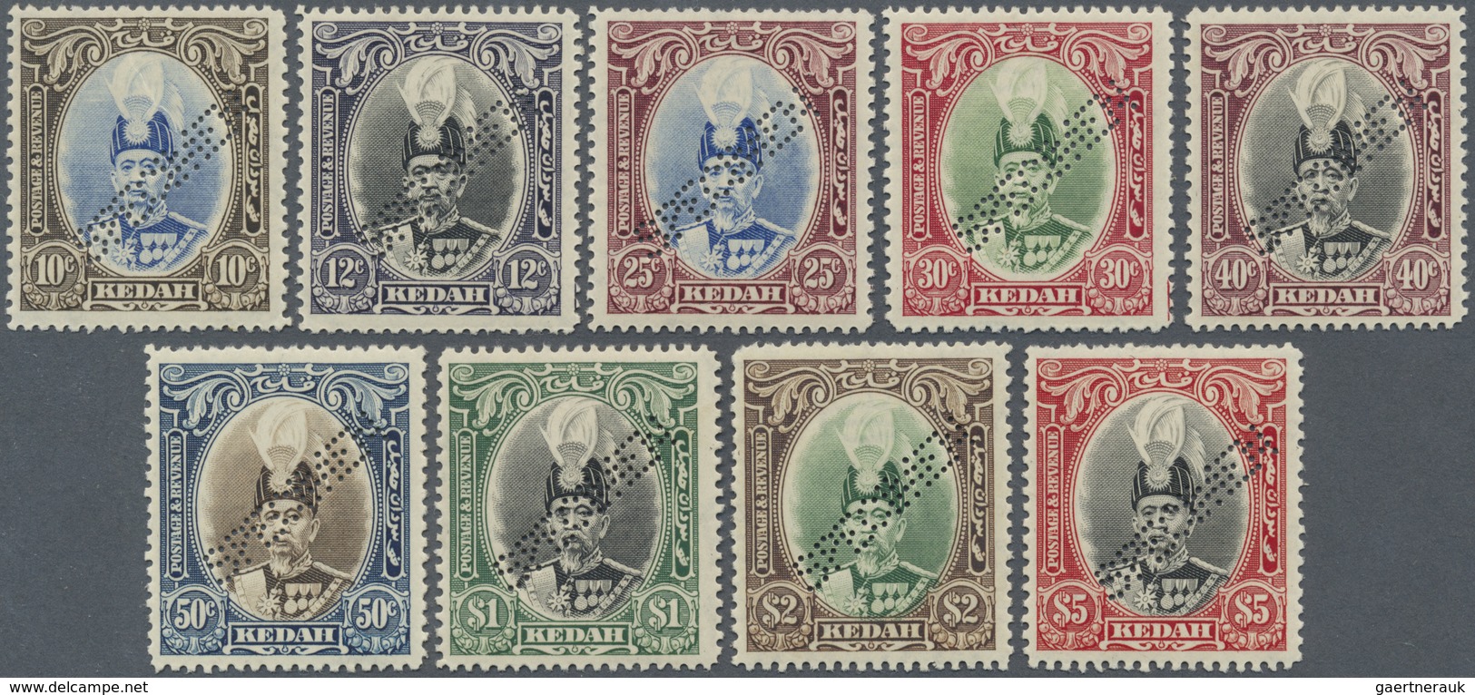 * Malaiische Staaten - Kedah: 1937, Sultan Abdul Hamid Halimshah Complete Set Of Nine Perf. SPECIMEN, - Kedah