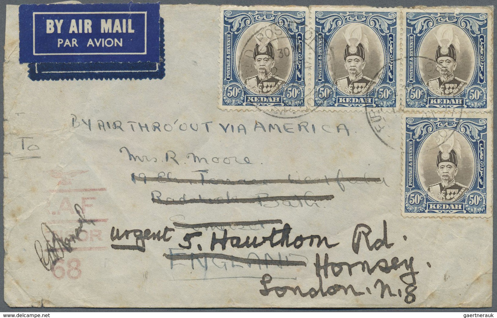 Malaiische Staaten - Kedah: 1939/41, Two Air Mail Covers To England: 50 C. (4) Tied "FIELD POST OFFI - Kedah