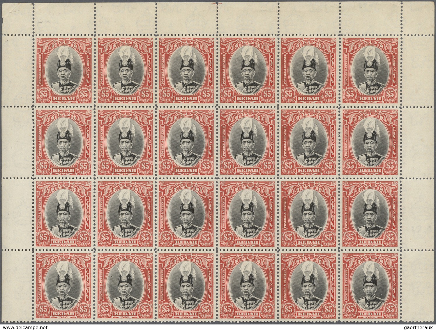 ** Malaiische Staaten - Kedah: 1937, Sultan Abdul Hamid Halimshah $5 Black And Scarlet Block Of 24 From - Kedah