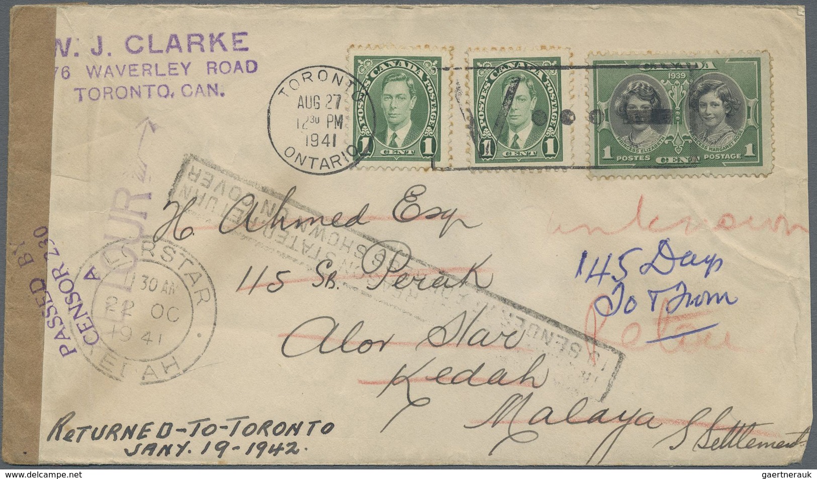 Br Malaiische Staaten - Kedah: 1941, INCOMING MAIL, Canada: 2 X 1 C Green KGVI And 1 C Royal Visit, Mix - Kedah