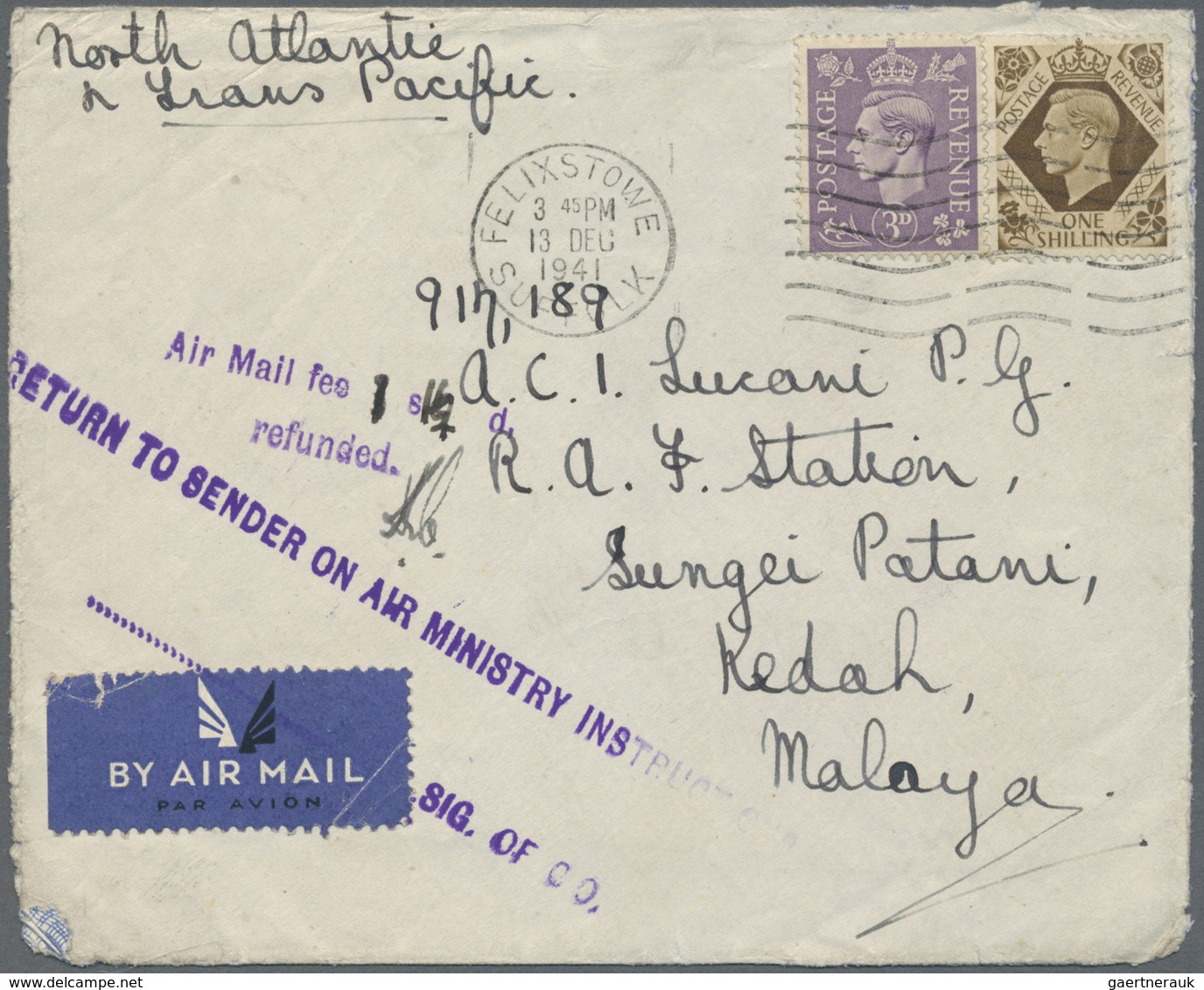 Br Malaiische Staaten - Kedah: JAPANESE OCCUPATION: 1941 (13.12.), Incoming Airmail Cover From Felixsto - Kedah