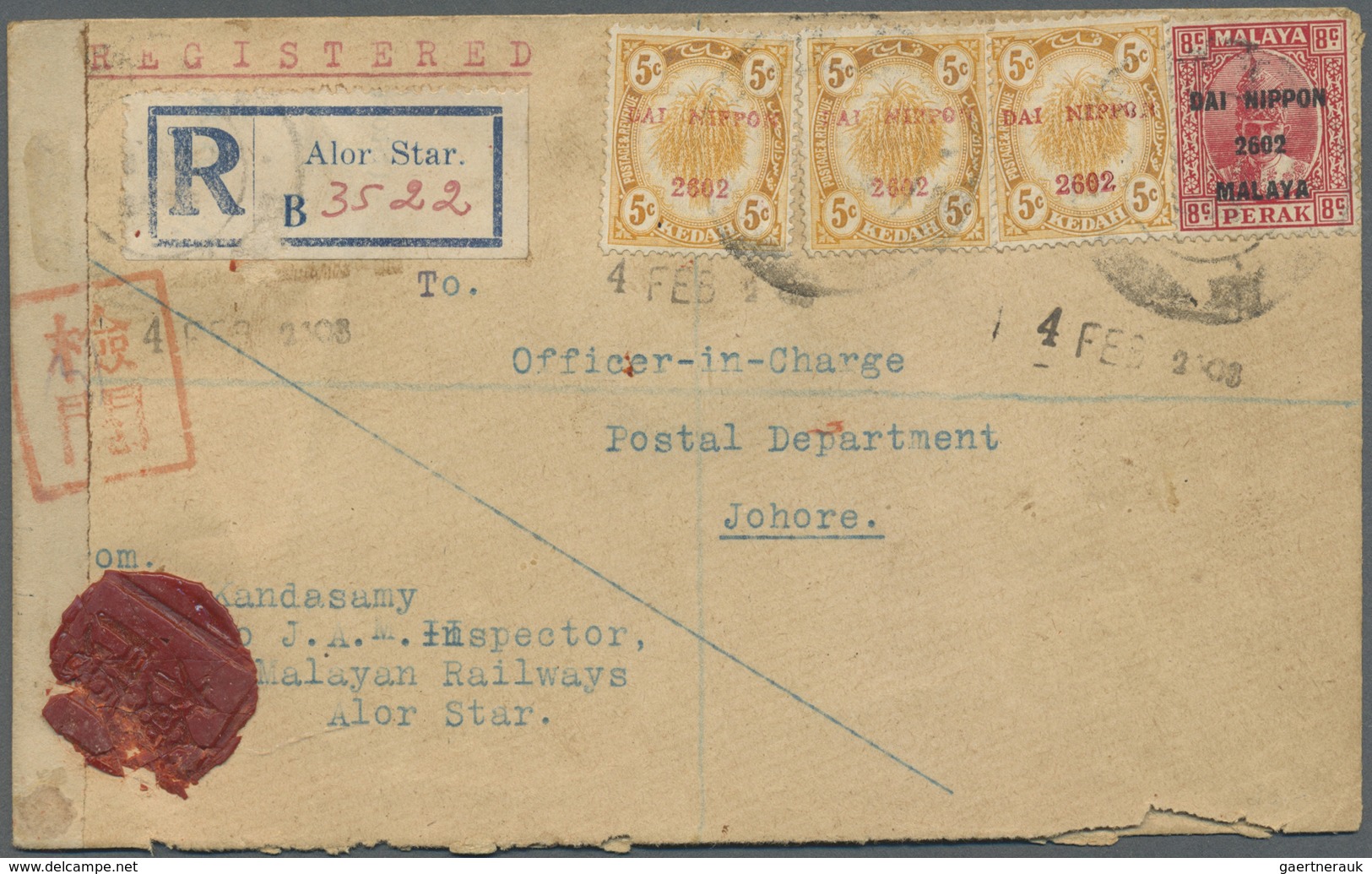 Br/Brfst Malaiische Staaten - Kedah: Japanese Occupation, 1942, 5 C. (3) With General Issue "Dai Nippon 2602. - Kedah