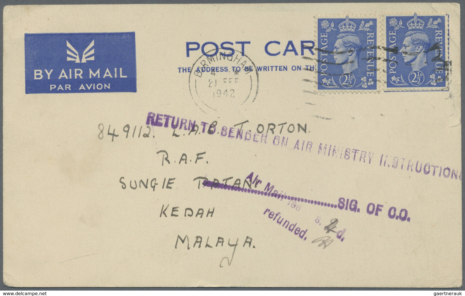 Br Malaiische Staaten - Kedah: JAPANESE OCCUPATION: 1942 (21.2.), Incoming Airmail Postcard From Birmin - Kedah