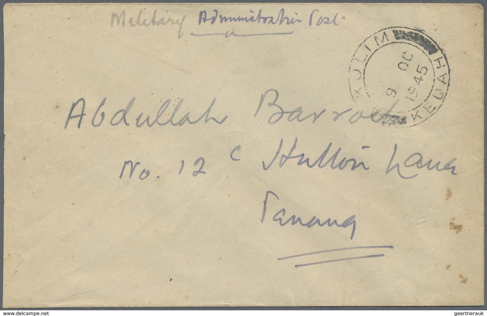 Br Malaiische Staaten - Kedah: BRITISH MILITARY ADMINISTRATION: 1945 (9.10.), Stampless Cover Of The Fr - Kedah