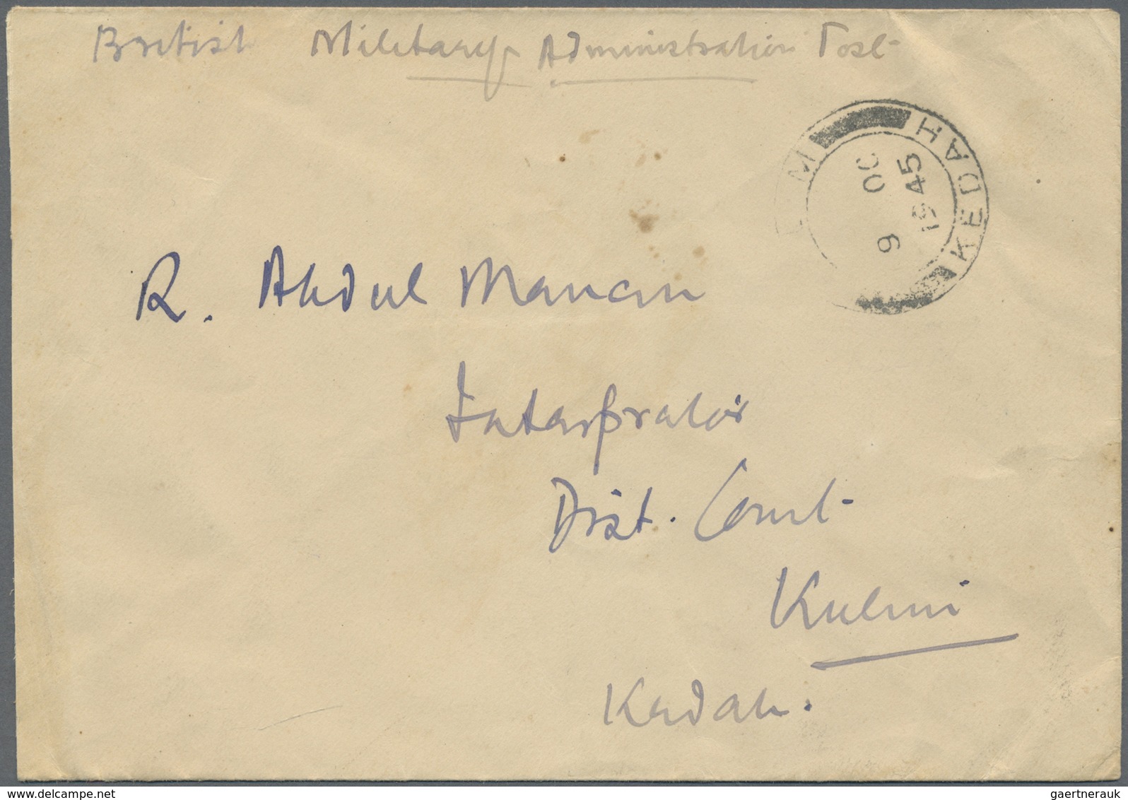 Br Malaiische Staaten - Kedah: BRITISH MILITARY ADMINISTRATION: 1945 (9.10.), Stampless Cover Of The Fr - Kedah