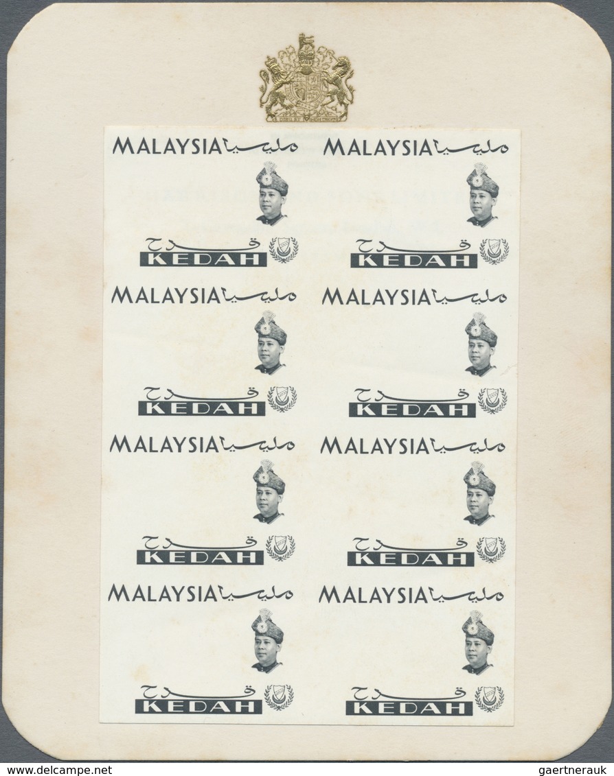 **/(*) Malaiische Staaten - Kedah: 1965, Orchids Imperforate PROOF Block Of Eight With Black Printing Only - Kedah