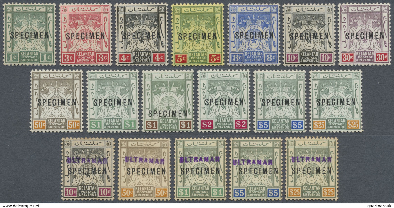 Malaiische Staaten - Kelantan: 1911-15 Complete Set Of 13 Up To $25 Optd. "SPECIMEN" (fresh And Fine - Kelantan