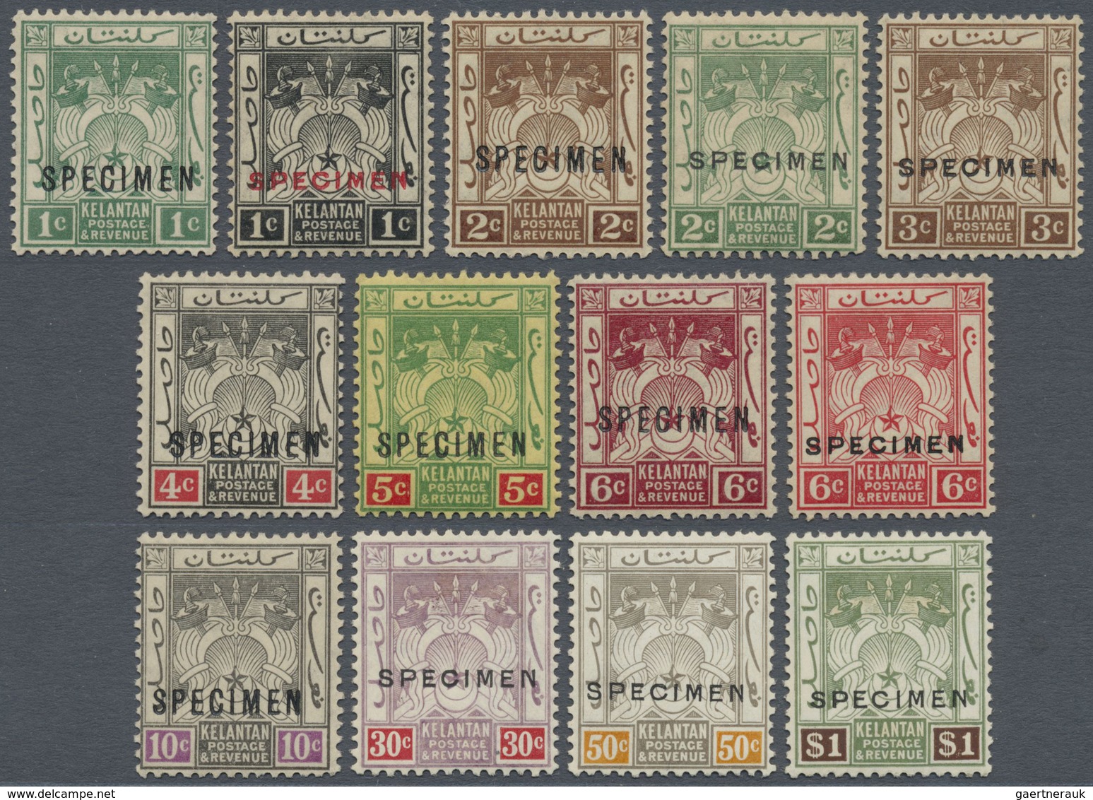 Malaiische Staaten - Kelantan: 1921-28 Complete Set Of 13 Stamps Optd. "SPECIMEN" In Red Or Black, M - Kelantan