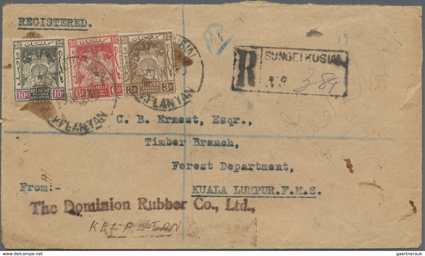 Br Malaiische Staaten - Kelantan: 1930, 3 C Brown, 6 C Scarlet And 10 C Black/mauve, Mixed Franking On - Kelantan