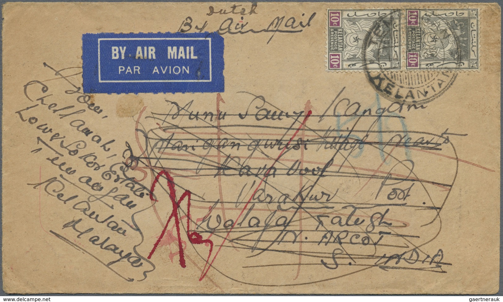 Br Malaiische Staaten - Kelantan: 1935, 10 C Black/mauve, Vertical Pair On Airmail Cover From TEMANGAN, - Kelantan