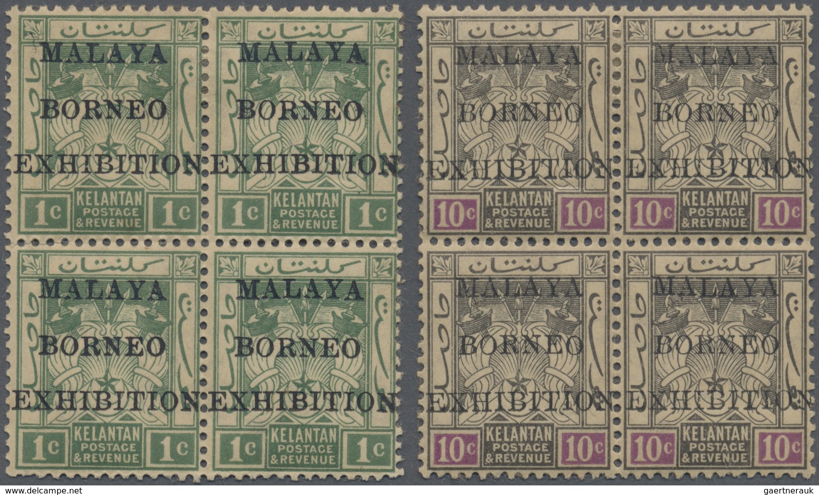 /* Malaiische Staaten - Kelantan: 1922 'Malaya-Borneo Exhibition' Complete Set Of 9 In Blocks Of Four, - Kelantan