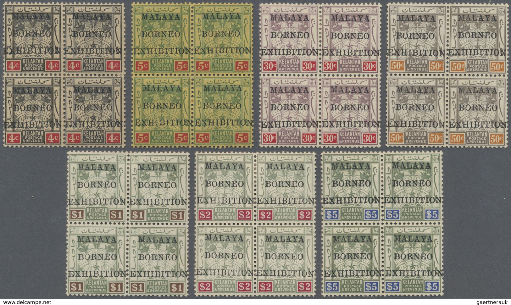 /* Malaiische Staaten - Kelantan: 1922 'Malaya-Borneo Exhibition' Complete Set Of 9 In Blocks Of Four, - Kelantan