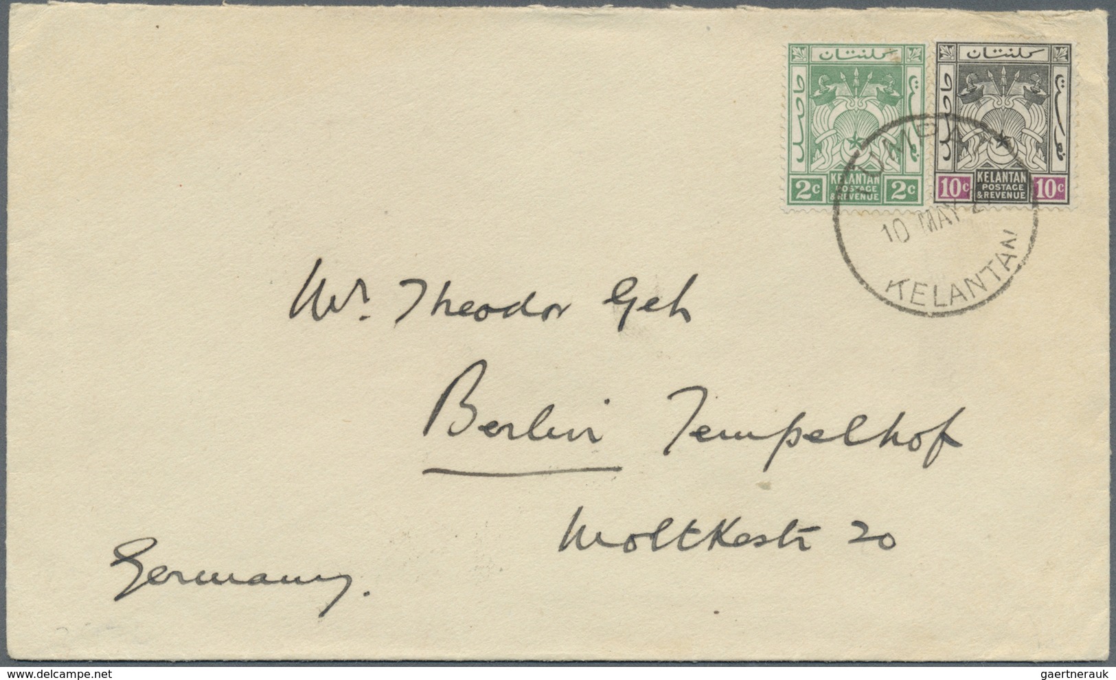 Br Malaiische Staaten - Kelantan: 1927: Cover From Tumpat To Germany, Franked 10c And 2c Tied By Rare " - Kelantan