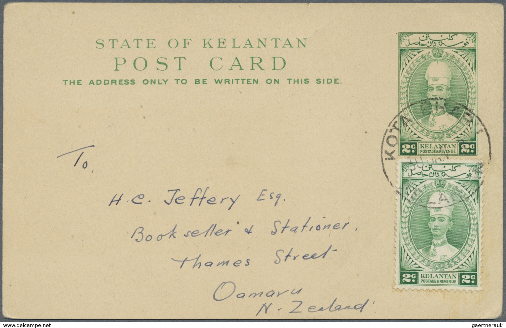 GA Malaiische Staaten - Kelantan: 1937, 2 C Green Sultan Ismail Psc, Uprated With 2 C Green, Sent From - Kelantan